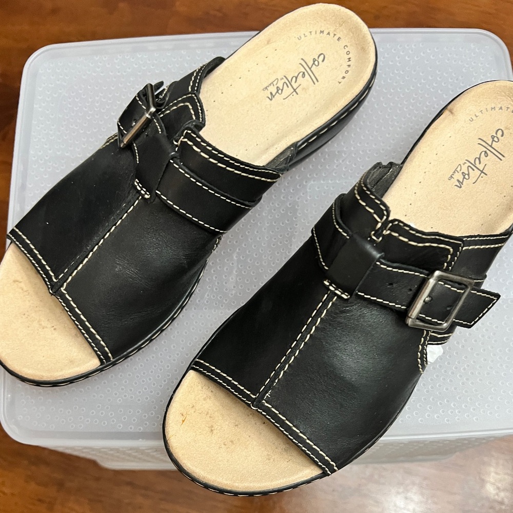 Clarks Black Leather Mules with Buckle